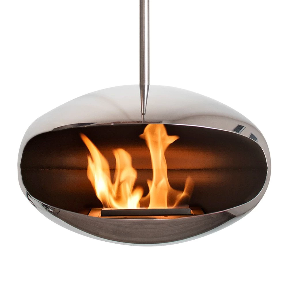 Cocoon Aeris | Cocoon Fires | Gepolijst stalen haard met stalen bevestigingspaal | plafondhaard