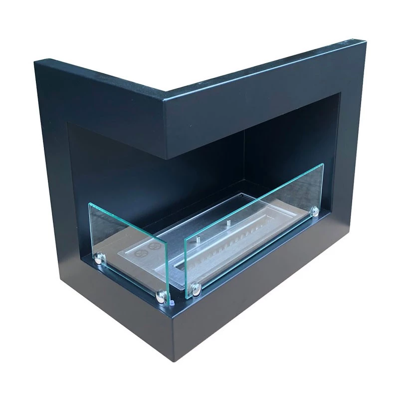 Hoek bio-ethanol haard met glas - links | ScandiFlames | Hoekinbouw bio-ethanol haard | Zwart