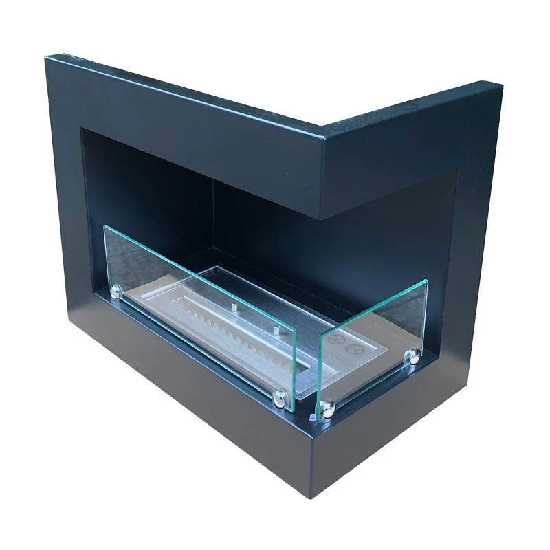 Hoek bio-ethanol haard met glas - rechts | ScandiFlames | Hoekinbouw bio-ethanol haard | Zwart