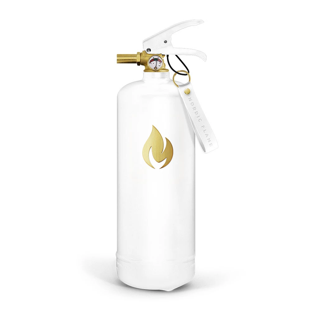 Witte brandblusser 2 kg - Gouden embleem | Nordic Flame | Accessoires voor een bio-ethanol haard | Wit
