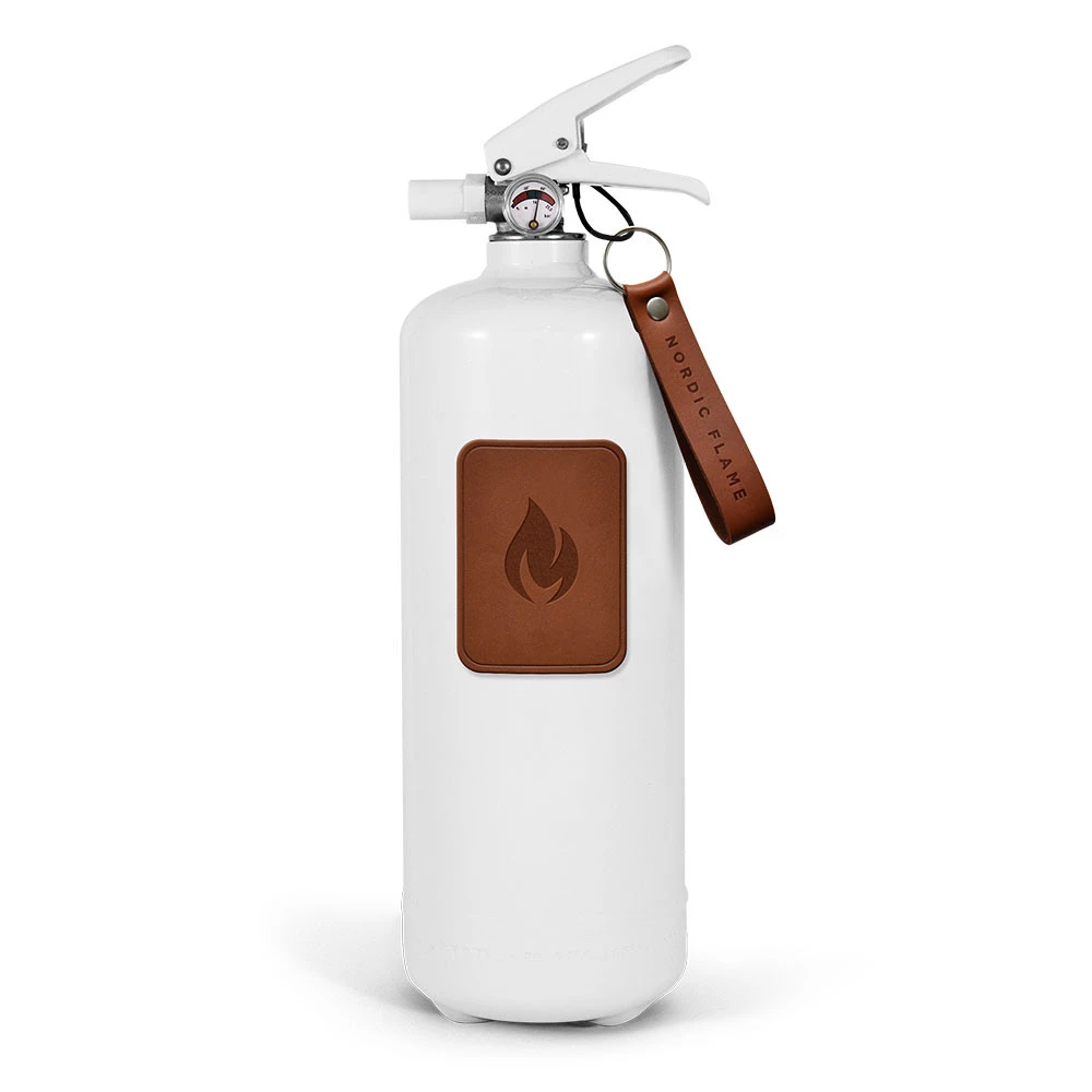 Witte brandblusser 2 kg - Donker leder | Nordic Flame | Accessoires voor een bio-ethanol haard | Wit